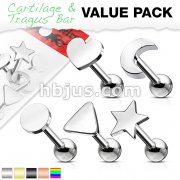 5 Pcs Value Pack of Assorted 316L Cartilage/Tragu Bar with Mixed Shapes Top