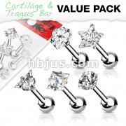 5 Pcs Value Pack of Assorted 316L Cartilage/Tragus Bar with Prong Set Mixed CZ Top