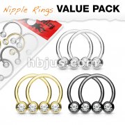 6 Pcs Value Pack Front Facing Gem Set Balls IP Over 316L Surgical Steel Circular/Horseshoes For Nipple, Septum and Ear Cartilage Piercings