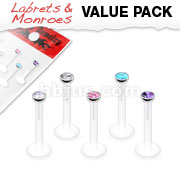 5 Pcs Value Pack of Assorted PTFE Flex Push-in Labret/Monroe W/Press Fit Gem Stone