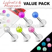 5 Pcs Value Pack of Assorted Glow in the Dark Ball 316L Steel Labret & Monroe 
