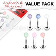 6 Pcs Value Pack of Assorted Glitter Acrylic Ball 316L Surgical Steel Labret & Monroe
