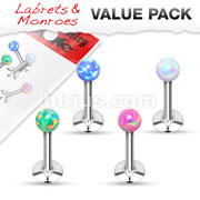 Value Pack 4 Pcs Internally Threaded 316L Surgical Steel Labret/Monroe with Opal Bal Top