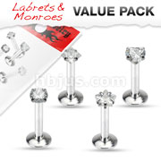 Value Pack 4 Pcs Internally Threaded 316L Surgical Steel Labret/Monroe with Prong Set CZ To