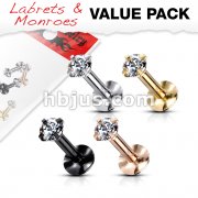 4 Pcs Value Pack Internally Threaded Round Prong Top Gem Labret Monroe Titanium IP Over 316L Surgical Steel 