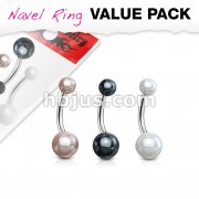 3 Pcs Value Pack of Assorted Color 316L Surgical Steel Navel Ring with Faux Pearl Balls