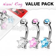 3 Piece Value Pack Star CZ Prong Set 316L Surgical Steel Belly Button Navel Ring Pack
