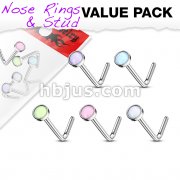5 pcs Value Pack Illuminating Stone Set 316L Surgical Steel L Bend Nose Stud Rings