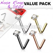 4 Pcs Value Pack of Assorted 316L Surgical Steel L Bend Nose Stud Rings with Prong Set CZ