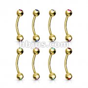 80pc Gold Plated Over 316L Surgical Steel Double Jeweled Eyebrow Rings Bulk Pack (10 pcs x 8 Colors