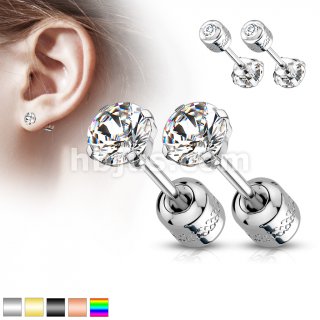 Rose Gold Round Clear CZ Gem Top 316L Surgical Steel Externally Threaded Labret Earring Studs with CZ centered Screw Back