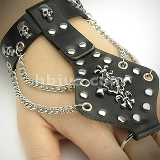 Black Leather Slave Bracelet with Multi-Skull Charms Chains Fleur De Lis Cross