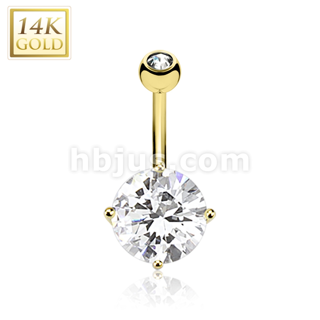 14KT Yellow Gold White Round Prong CZ Belly Button Ring 14KT Yellow Gold White Round Prong CZ Belly Button Ring