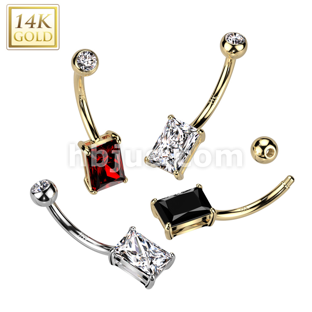 14KT Yellow Gold White Princess Cut Prong CZ Belly Button Ring