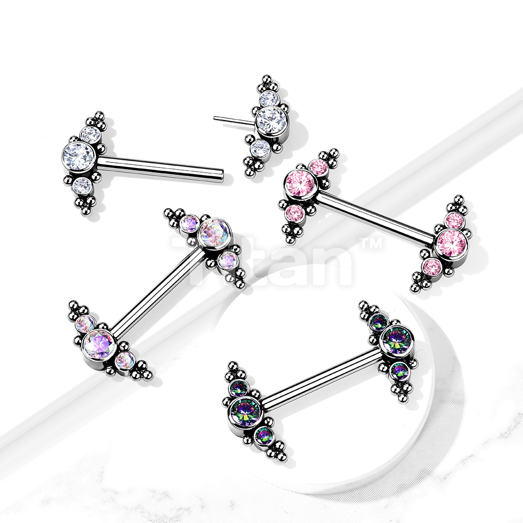 Implant Grade Titanium Threadless Push in Nipple Barbell With CZ