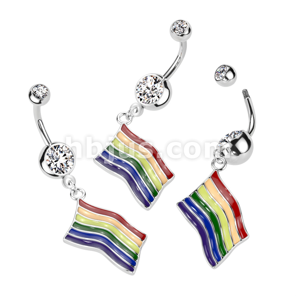 Rainbow Pride Flag Dangle Double Jeweled 316L Surgical Steel