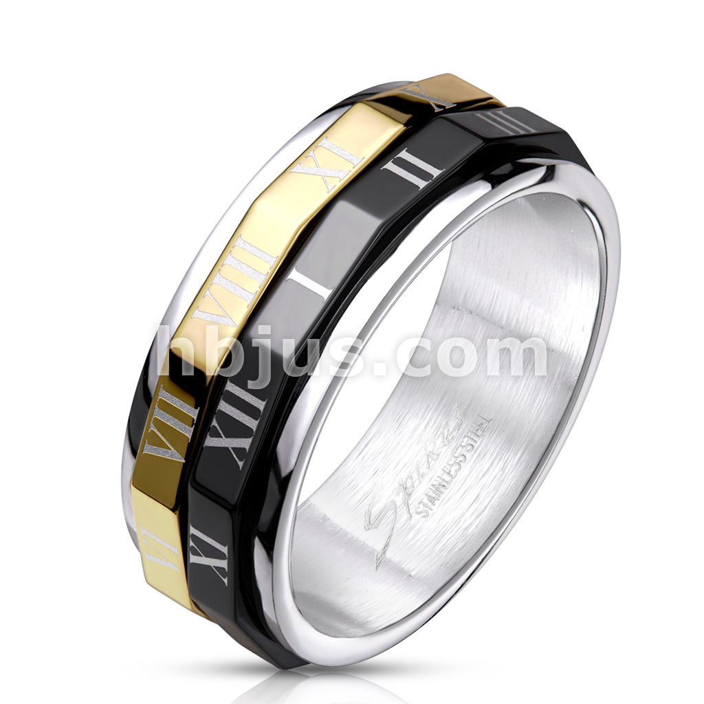 Silver Gold And Black Stainless Steel Rotating Roman Numerals Ring Unisex 
