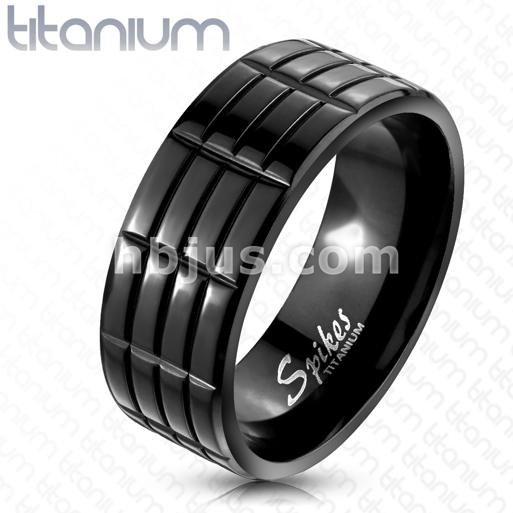 Triple Grooved Solid Titanium Black IP Band Ring