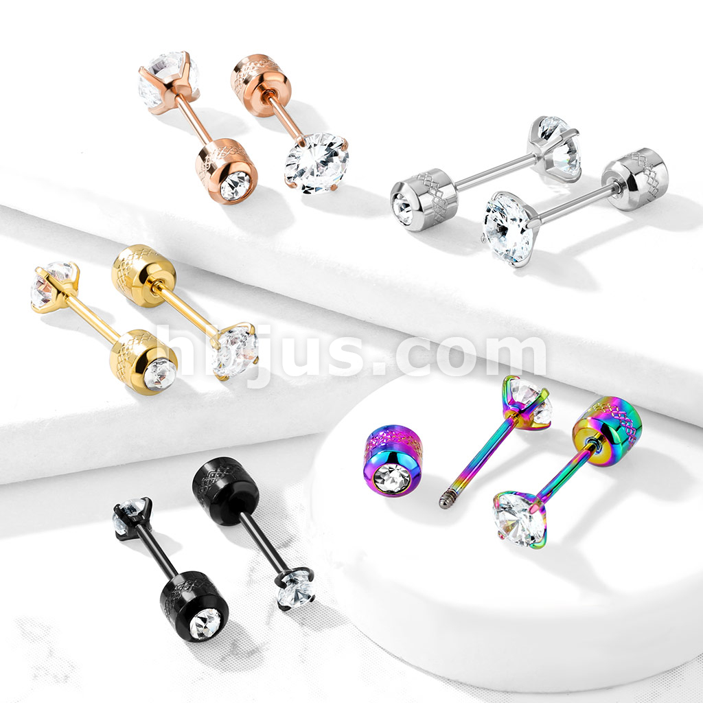 Rose Gold Round Clear CZ Gem Top 316L Surgical Steel Externally Threaded Labret Earring Studs with CZ centered Screw Back