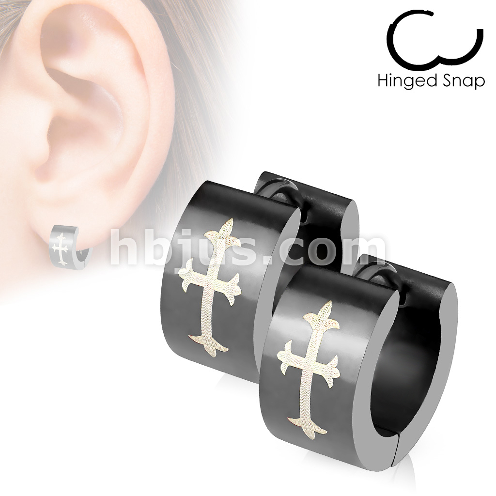Pair of Surgical Steel Black Hoops with Medieval Cross Hinged Snap Earrings