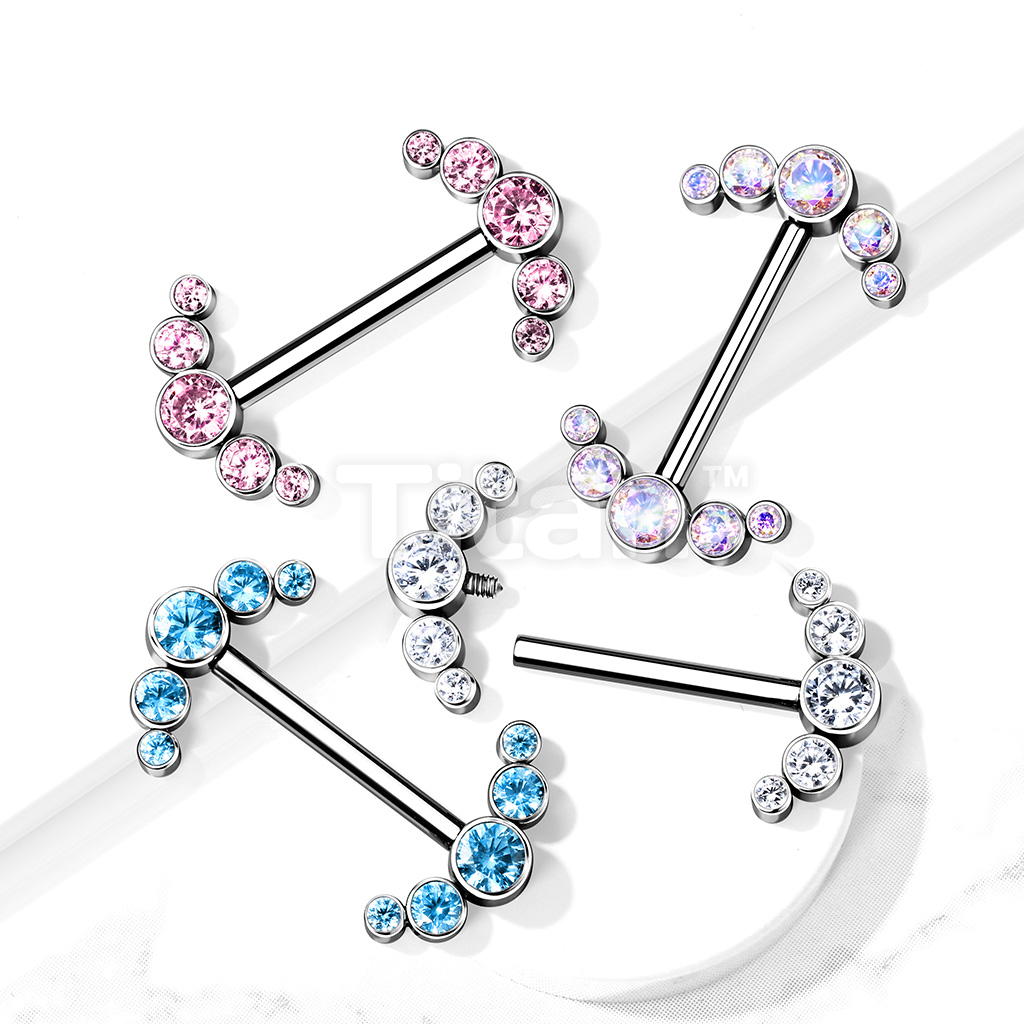 Implant Grade Titanium Internally Threaded Nipple Barbell With 5 Bezel Set  CZ Curved Line Ends