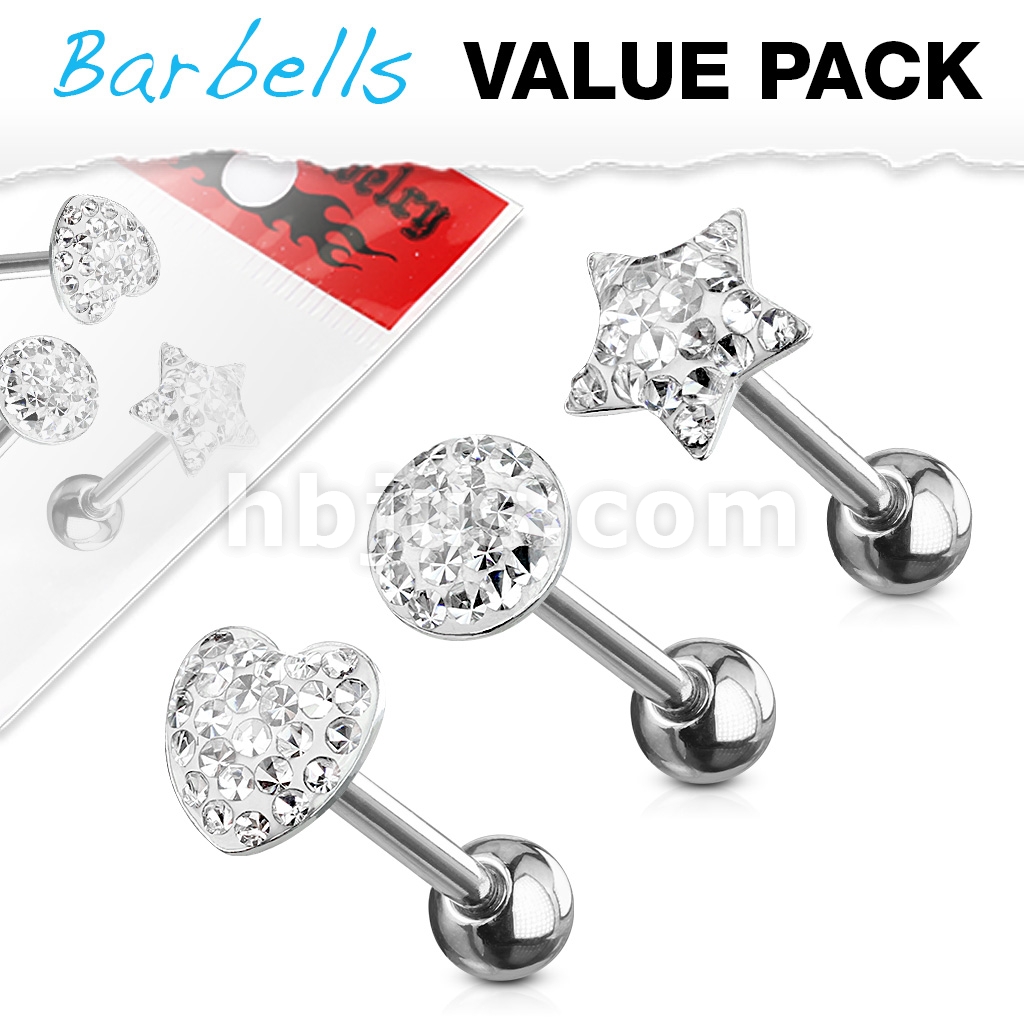 3 Pcs Assorted Shapes 316L Surgical Steel Clear CZ Paved Tongue Ring Pack
