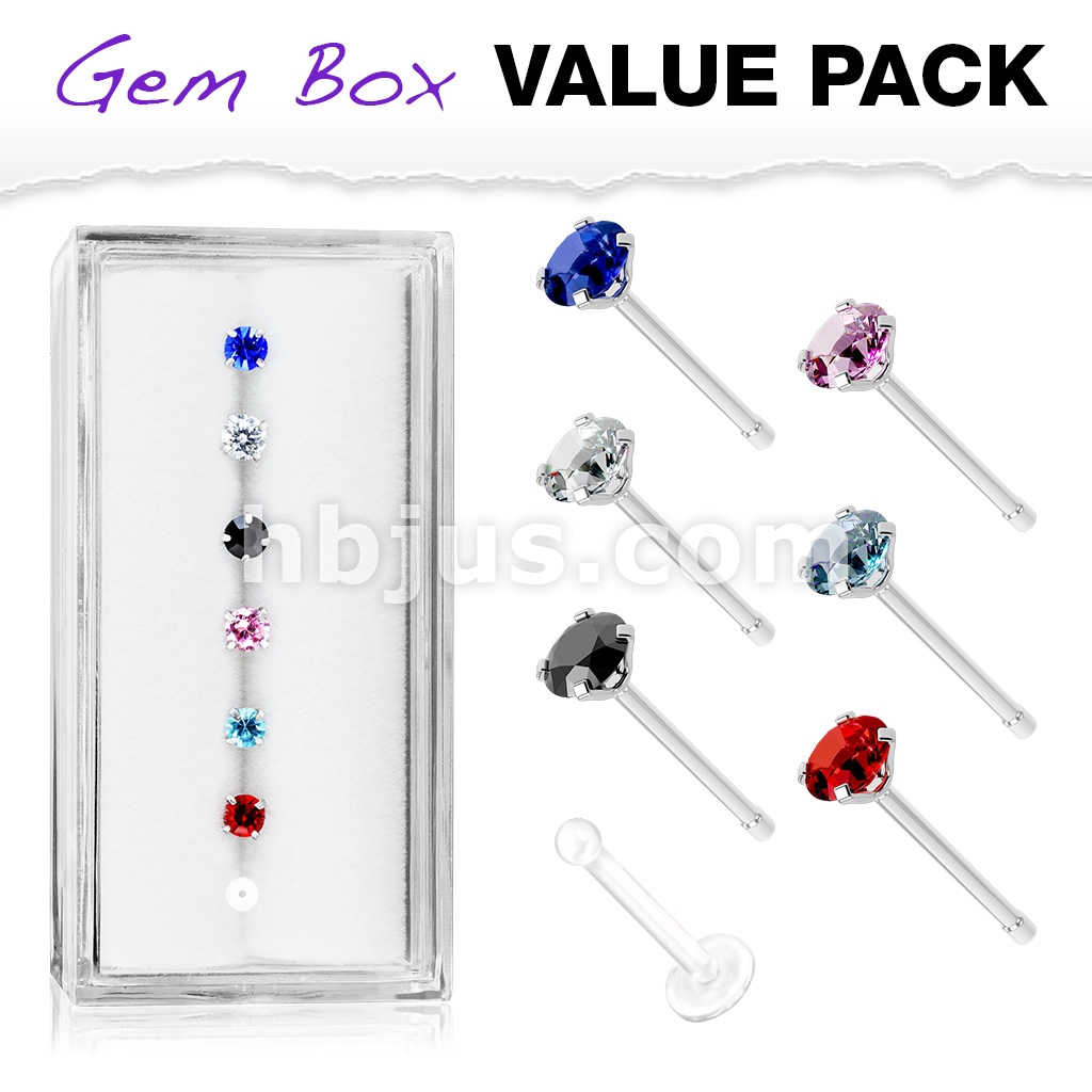 SURGICAL STEEL L SHAPED PRE BENT NOSE CRAWLER NOSE STUD RING with CLEAR CRYSTALS